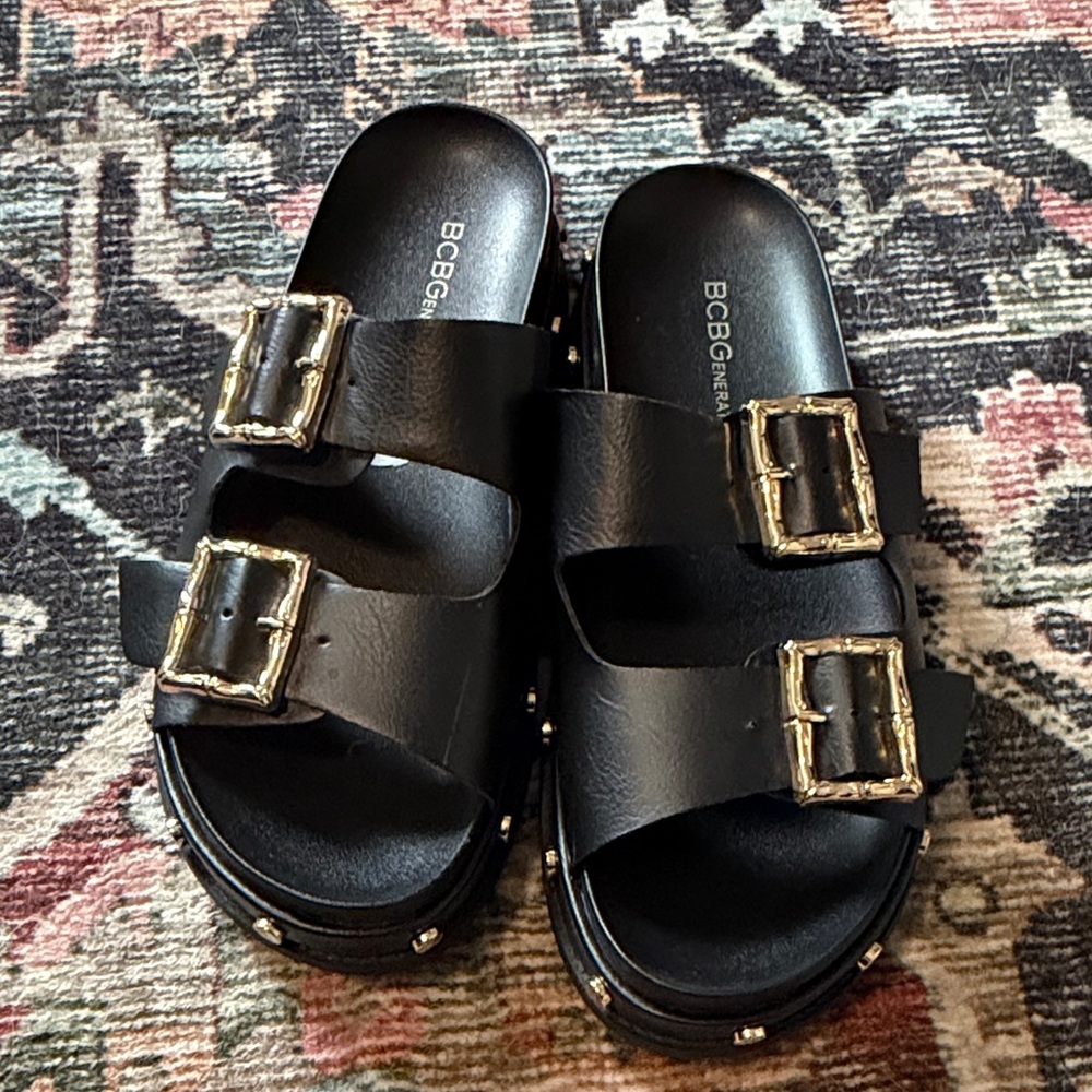 BCBG Black Sandals with Silver Buckles